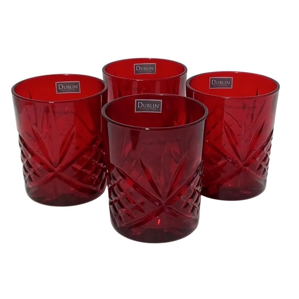 Godinger Dublin Ruby Red Crystal Double Old Fashioned Glass Set of 4 New